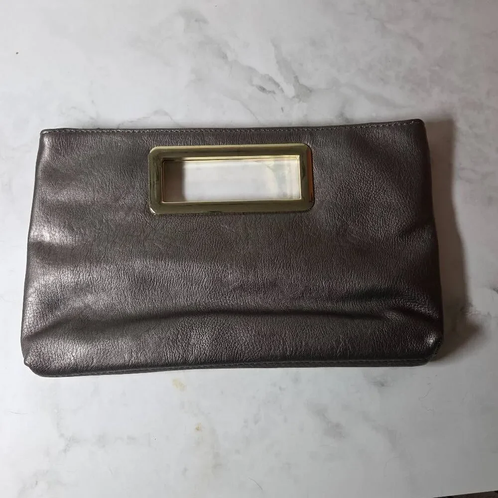 NWT Imoshion Metallic Pewter Vegan Leather Clutch with Gold Hardware